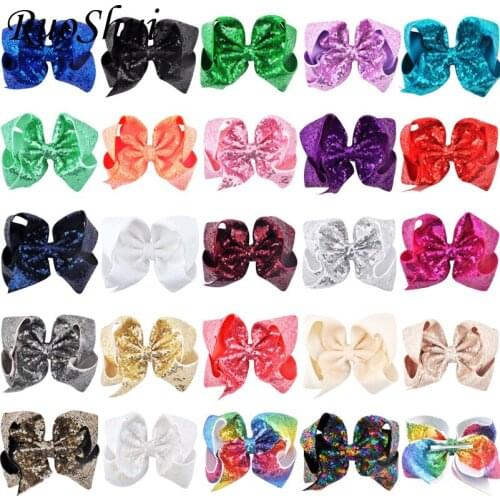 8 inch 24pcs/lot Rainbow Sequin Grosgrain Ribbon Big Large Hair Bows Alligator Clips Girls Hair Accessories Childrens Hairpins