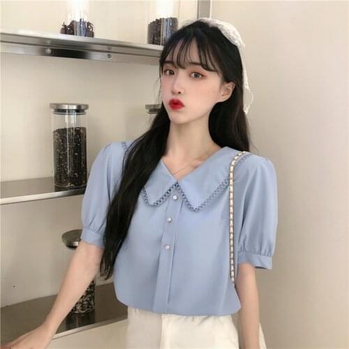 2020 summer womens fashion vintage chiffon blouse short sleeve top female hollow out lace trim blouses back bow bandage shirts
