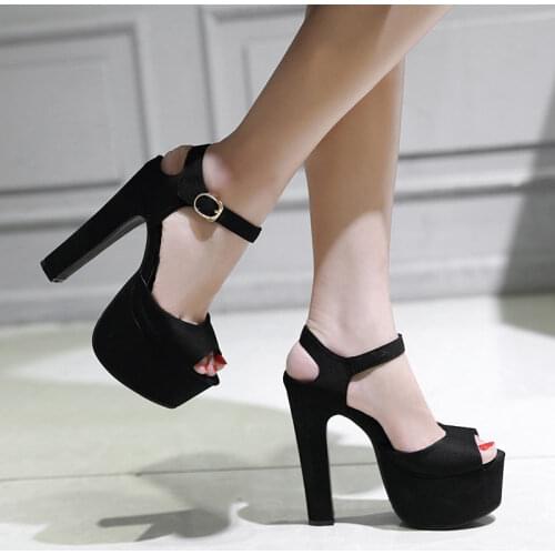 Fashion Women Ankle Strap Sandals Casual Flock Buckle Strap Thin Heels 15CM Open Toed High Heels Women Sandals Discount Pumps