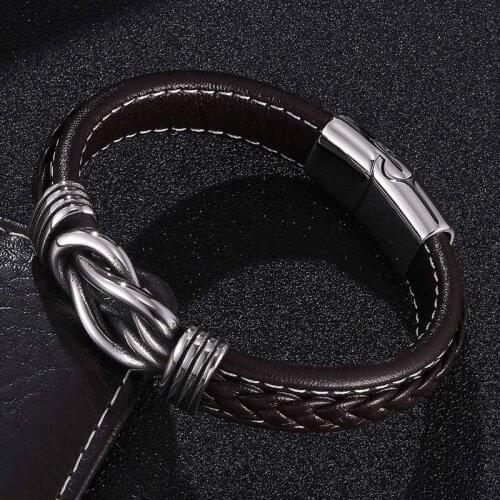 Men Jewelry Brown Leather Bracelet Trendy Accessories Stainless Steel Magnet Clasp Male Wristband Birthday Gift SP0772