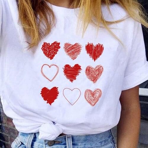 Women Graphic Printing Watercolor Valentine Heart Love Short Sleeve Cartoon Lady Clothes Tops Tees Print Female Tshirt T-Shirt