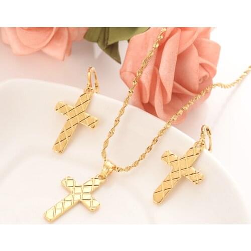 Cross Necklace Earrings Set Gold Color Catholic Religious wedding bridal Jewelry Set Christmas birthday Gift For Women
