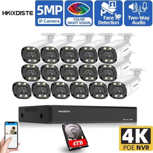 H.265 CCTV Camera Security System Kit 4k 16ch POE NVR Kit Outdoor Waterproof 5MP Color Night Vision Bullet Video Surveillance Ip