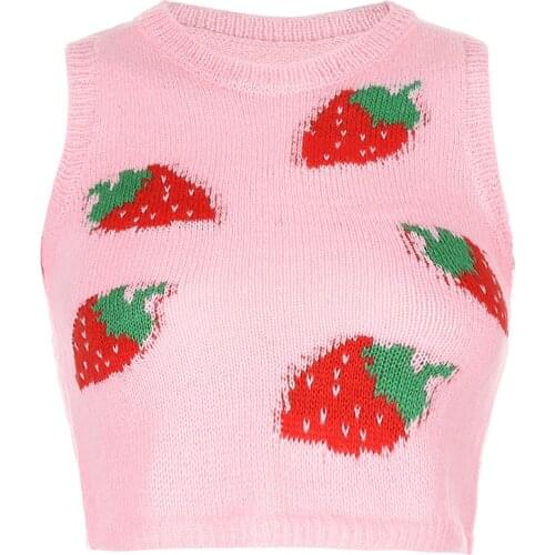 Strawberry Print Sweater Vest Women Short Knit Sweater Summer Crop Top Sleeveless Fashion Vest Female O Neck Sueter De Mujer