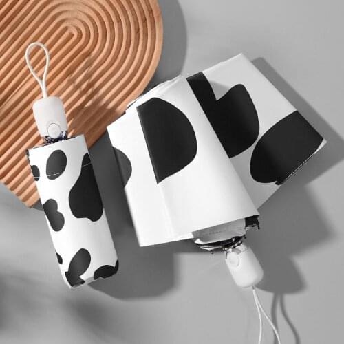 Mini Portable Five Fold Automatic Sun Umbrella Cow Black and White Pattern Creative Female Umbrella For Rainny Day Or Sunny Day