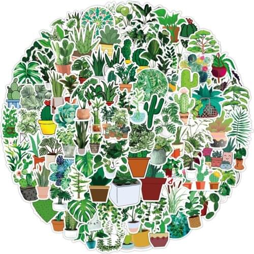 50pcs/100pcs Green Plants Graffiti Decoration Stickers Luggage Laptop Scooter Water Cup Stickers Cute Student Stationery