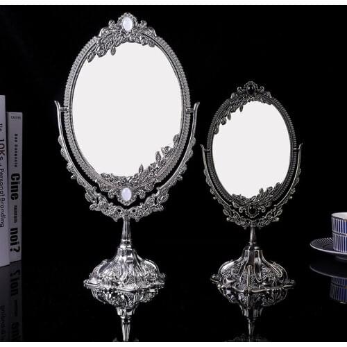 Vintage Makeup Desk Mirror Two Sided Swivel Desktop Oval Mirror with Metal Embossed Frame and Stand for Bedroom