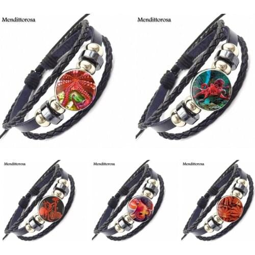Punk Jewelry With Glass Cabochon Black Leather Bracelet Bangle For Women Men Red Octopus