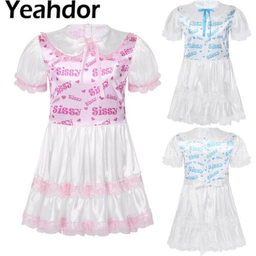 Men Silky Satin Dress Bodice Lace Trimmed Ruffled Doll Collar Short Puff Sleeves Printed Adult Baby Cosplay Crossdress