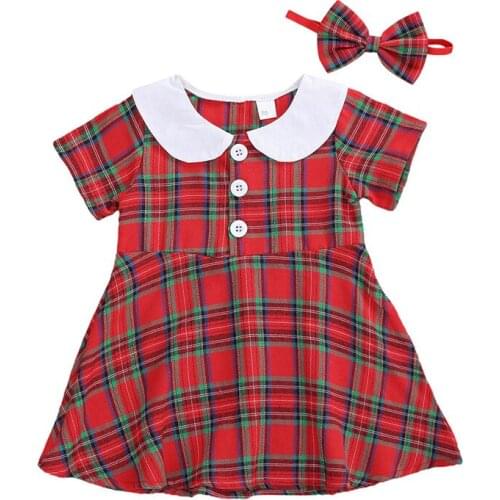 Christmas Toddler Girls Dress Plaid Print Clothes Sets Short Sleeve Doll Collar Button Dress Bow Headband Sets 0-24 Months