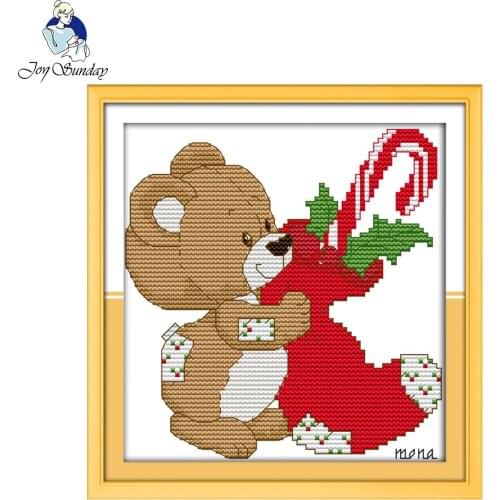 Joy Sunday Little Bear Christmas Stocking 11CT 14CT Counted Print On Canvas Embroidery Cross-Stitch Kit Picture Needlework Sets