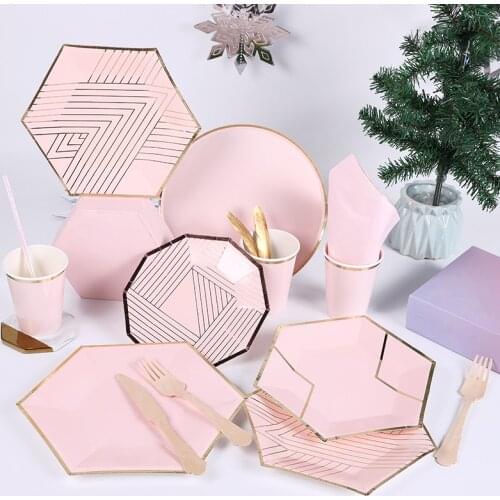 Pink Rose Gold Disposable Tableware Sets Paper Straw Cups Plates Carnival Party Wedding Decorate Birthday Kids Party Supplies