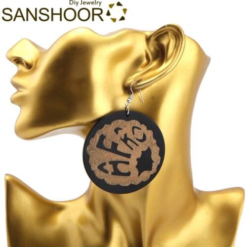 SANSHOOR Craved AFRO Natural Wood Dangle Earrings 6cm Large Size Ethnic Tribe Jewelry For Black Women Christmas Gifts 1Pair