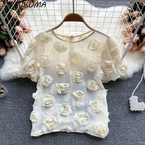 Nomikuma Chiffon Womens Tops Korean 3D Flowers Blusas Mujer De Moda 2021 Summer New Puff Sleeve O-neck Blouse Shirt 6J977