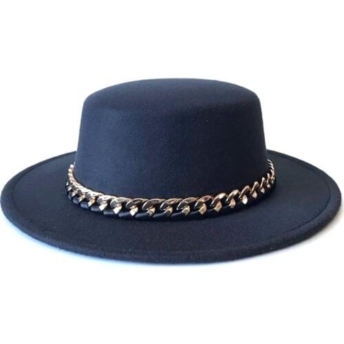 Ribbon Gentleman Elegant cap Lady Winter Autumn Wide Brim Church Panama Sombrero Jazz Cap Golden chain Women Men Wool Fedora Hat
