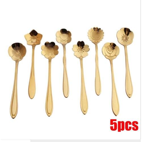 5pcs stainless steel cutlery flower spoon short handle household dessert spoon stirring spoon cherry spoon coffee stirring spoon