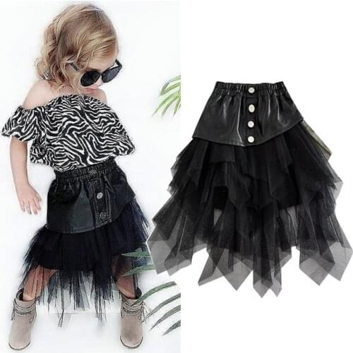 Spring Summer Girls Skirt Irregular Mesh Leather Skirt Fashion Stitching Korean Style Kids Skirts Club Party Children Clothes