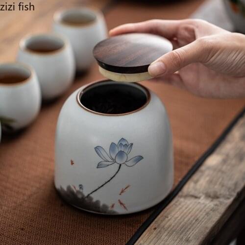 Vintage Lotus Leaf Lotus Pattern Tea Caddy Ceramic Candy Storage Jar with Lid Moisture-proof Sealed Storage Jar Home Decoration