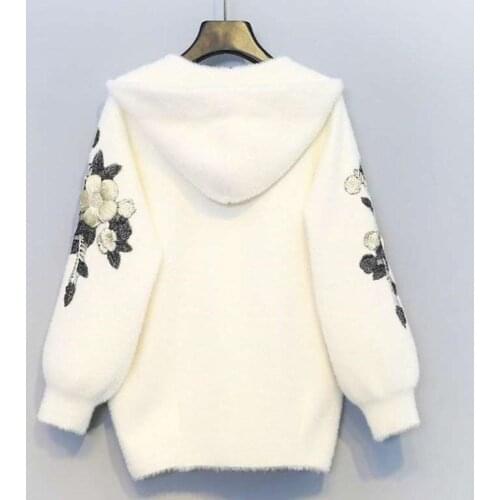 Imitation Mink Velvet Womens Jacket Fashion Autumn Winter Hooded Coat Cardigan Short Embroidery Knitted Coat Outerwear Female