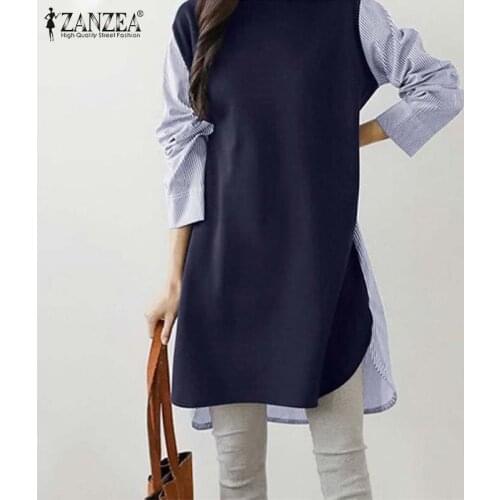 Oversized Womens Spring Blouse ZANZEA 2021 Fashion Patchwork Tops Casual Long Sleeve Striped Blusas Female O Neck Tunic Chemise