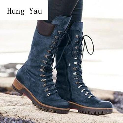 Women Ankle Martin Boots Autumn Female Casual Shoes Flats Fashion Rome Round Toe Lace Up Platform Plus Size 35-43