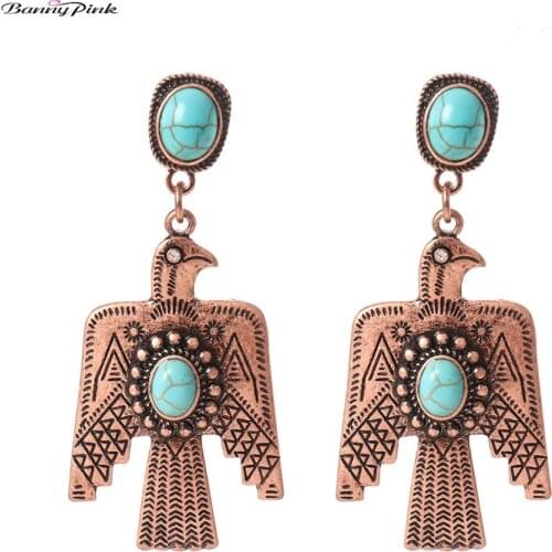 Banny Pink Vintage Peace Pigeon Stud Earrings For Women Tribal Carved Pattern Eagle Post Earrings Ethnic Geometric Stone Earring