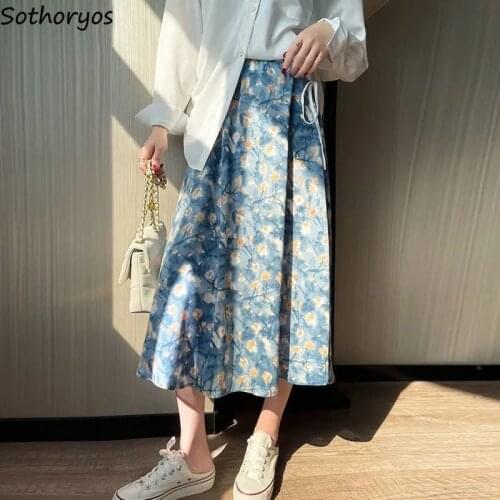 Women Mid-calf Skirts Floral Elegant Tender A-line Draped Sweet Retro Temperament All-match Teens Stylish Ulzzang Fairy S-3XL