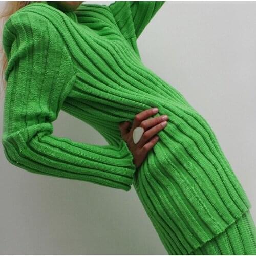 Elegant Solid Long Sleeve Ribbed Women Two Piece Sets Autumn Turtleneck Knitted Top Casual High Waist Trousers Streetwear Suit