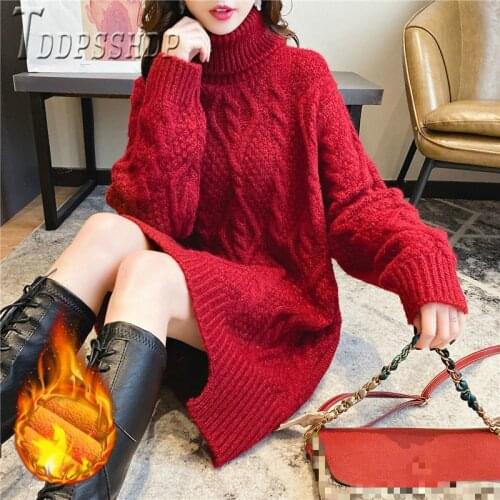 2019 Lining With Fluff Thick Turtleneck Twist Women Sweater Autumn Winter Korean Loose Female Sweaters