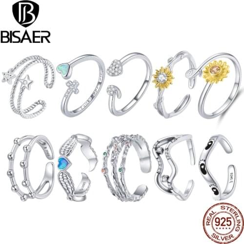 BISAER 925 Sterling Silver Daisy Ring Colorful Zircon Star Ring Fashion Adjustable Size Ring For Women Engagement Jewelry EFR127