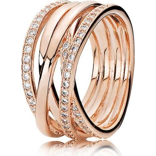 925 Sterling Silver Pan Ring Rose Gold OPen work Eternity Entwined Crystal Ring For Women Wedding Gift Fine Jewelry