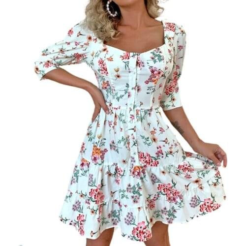 Summer EA Multi Floral Print Mini Dress Women Ruffle Hem Sexy Dresses Beach Party Vestidos High Waist Button Square Collar Robe
