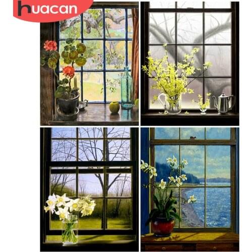 HUACAN 5D DIY Diamond Painting Window Full Square Mosaic Rhinestone Flower Diamond Embroidery Landscape Wall Art