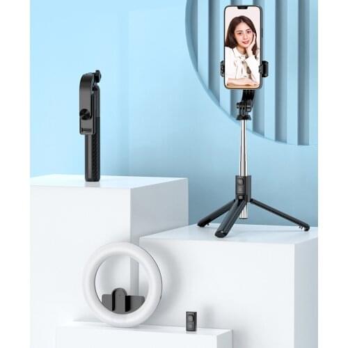 BT Wireless Selfie Stick with Remote Control and Detachable Round fill Light Lamp for Live Streaming /Makeup/YouTube Video