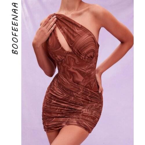BOOFEENAA Brown Print Hollow Out One Shoulder Backless Bodycon Dress Sexy Woman Dress Elegant Evening Party Club Outfits C85CC16