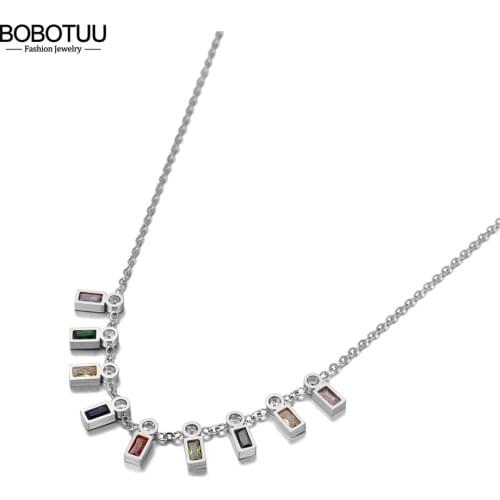 BOBOTUU Trendy Colorful Cubic Zirconia Charm Pendant Necklace For Women Stainless Steel Bohemia Party Necklace Jewelry BN20136
