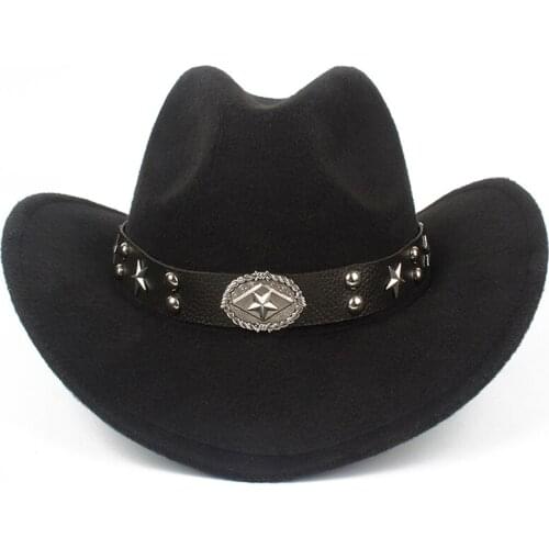 Child Kids Wool Hollow Western Cowboy Hat Roll-up Brim boy girl Outblack Sombrero Hombre Jazz Cap Leateer Belt