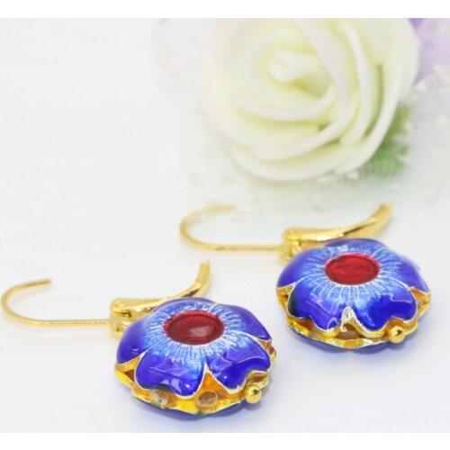 Hot sale wholesale price elegant new fashion 15mm cloisonne gold-color carved flower shape drop earrings dangle earring B2644