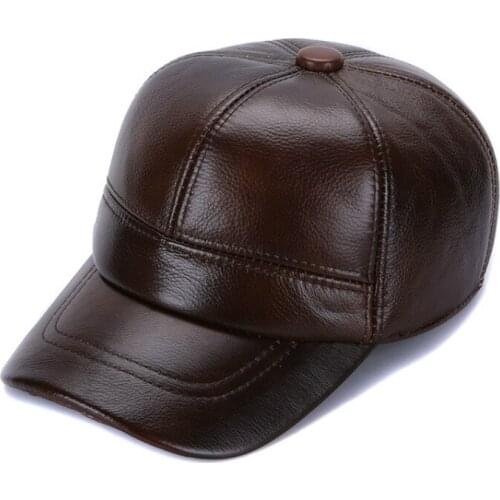 Cowhide Visor Cap Middle-aged Elderly Men Women Winter Warm Hat Outdoor Ear Protector Casual Fashion Adjusted Male Caps H265