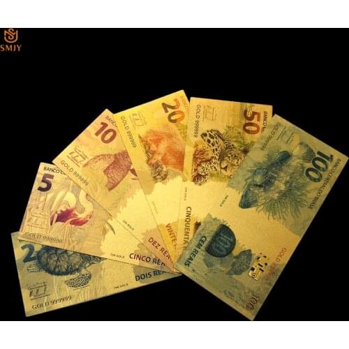 6Pcs/Lot Gold Banknotes Set Reyal 2/5/10/20/50/100 Brazilian Currency 24k Gold Foil Paper Banknote Money For Partriotism Crafts