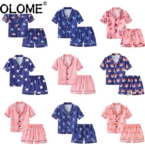 OLOME Summer Kids Pajama Sets Fashion Girls and Boys Sleepwear Silky Children Sleep Shirt+Pants Toddler Shorts Sets Kids Clothes