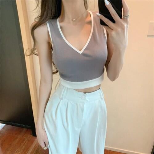 2021Summer Sexy Color contrast camisole Top Casual Basic T Shirt Off Shoulder Short mini Tank