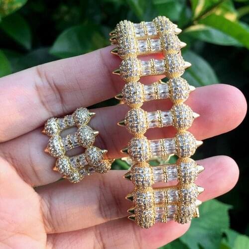 ModemAngel Luxury Geometric Micro Cubic Zircon Bangle Finger Rings Women Bracelet Bangle Ring Set Dress Jewelry Sets