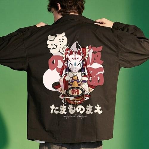 Men Asian Streetwear Harajuku Cargo Shirts 2020 Hip Hop Cartoon Print Shirt Long Sleeve Couple Black Vintage Fall Shirts FF2951