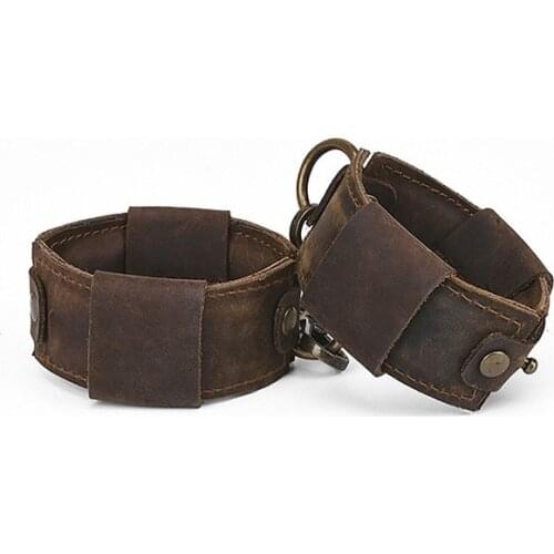 Genuine Leather Retro handcuff lock with chain Bondage hand lead BDSM Restraint slave unisex Toy for male female couple