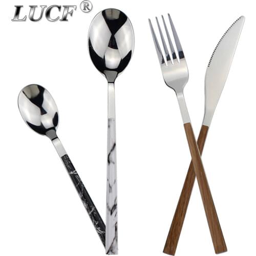 LUCF Texture style plastics handle Stainless Steel Western Cutlery Set 4 in 1 durable fashion Dinnerware Set flatware for family