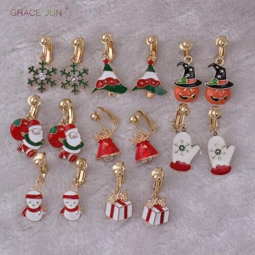 Wholesale Christmas Series Clip on Earrings for Girl Kid Cute Bell Tree Gift Box Deer Gloves Snowflake Santa Claus Cuff Earrings