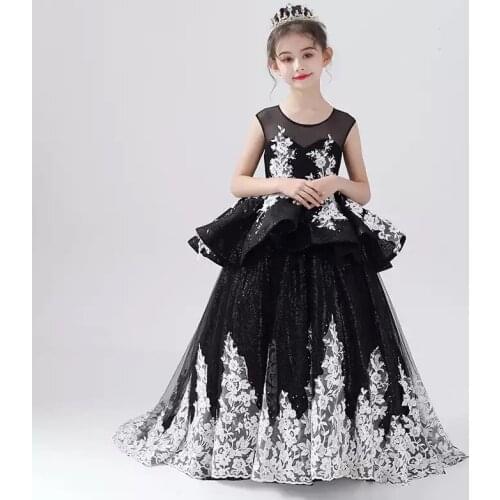 Flower Girl Dresses Illusion Crystal Embroidery Sleeveless O-Neck Princess Floor-Length Tulle Luxury Black Kids Party Gown H537