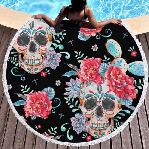 Hippie Floral and Skull Print Beach Towel Fashion Design Fast Drying Spa Bathrobes Microfiber Round Bath Towel 10 Style