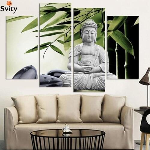 4 Picture Home Decoration marble buddha and banboo landscape art canvas Modern Buddha Painting no frame